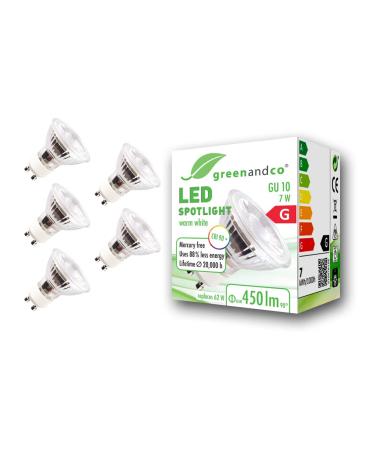 Greenandco 5x CRI 90+ GU10 LED spot 7W 450 LM 36 3000K warm white 230V flicker -free not dimmable 2 year guarantee 7W 3000K 36 5 pieces (1 Pack)