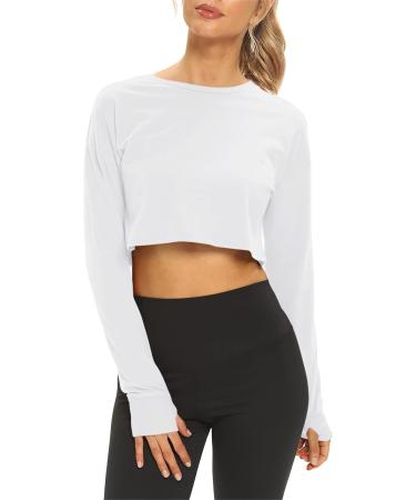 Mippo Long Sleeve Crop Tops Workout Athletic Gym Shirts Cropped Sweatshirts for Women Medium White