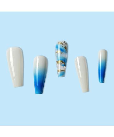 Gradient Blue White Gold Foil Fake Nails - 24Pcs Square Full Cover Long Press-on Nails for Women - Acrylic Glossy False Nails with Designs and Glue-On Technology - Buy Online on SooperMarket.com