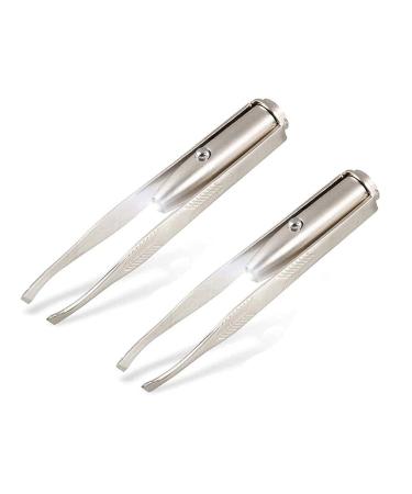 Eutuxia Tweezers with LED Light. Pack of 2, Eyebrow & Eyelash Hair Removal Tool. Pluck & Trim Unwanted Hairs. Professional Tool, Lighten Dark Areas for Better Accuracy. Stainless Steel Tweezers Pack of 2