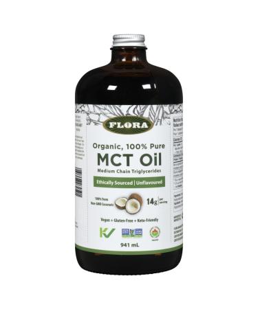 Flora Health MCT Oil 100% Pure Organic Energy Boost C8 Caprylic & C10 Capric Acids Ethically and Sustainably Sourced Coconuts Keto Kosher Non-GMO Verified 941 mL Liquid Glass Bottle