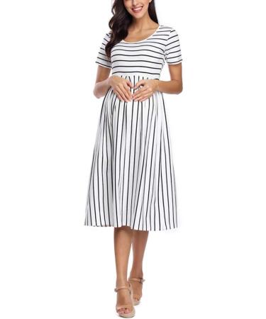 Love2Mi Women's Short-Sleeve Maternity Dress XL - Casual A-Line Midi Pregnant Dress in White Black Stripe - Buy Online on SooperMarket.com