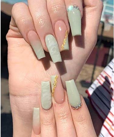 Brishow Coffin Artificial Nails Long False Nails Pink Green Bellarina Acrylic Press on Nails 24pcs for Women and Girls