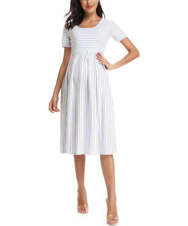 Love2Mi Short-Sleeve Maternity Dress XL - White Grey Stripe | Casual A-Line Midi Pregnant Dress - Buy Online on SooperMarket.com