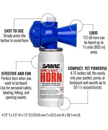 SABRE Sport and Safety Horn - 115 dB Air Horn with 60/25 Second Bursts, Audible Up to 1/2-Miles - Ideal for Sporting Events, Boating, Camping, Hiking - Buy Online on SooperMarket.com
