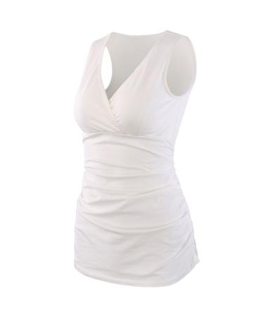 ZUMIY Maternity Nursing Top Pregnant Breastfeeding Shirt Women's Cotton V Neck Ruched Waist Double Layered Tank L White
