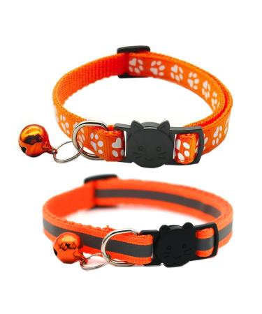 Hepplly 2-Pack Cat Collars Quick Release Reflective Kitten Collar with Bell (Orange)