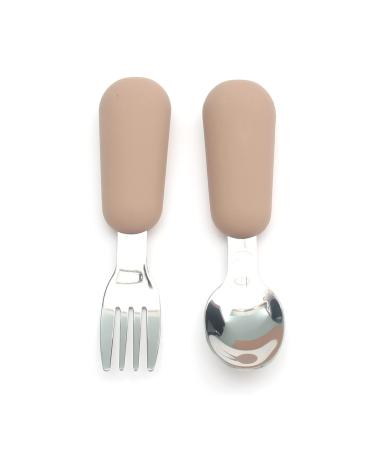 Alimos Stainless Steel Toddler Feeding Spoon and Fork Set with Round Handle for Feeding Children's Safe Cutlery Kids Utensils (Natural)