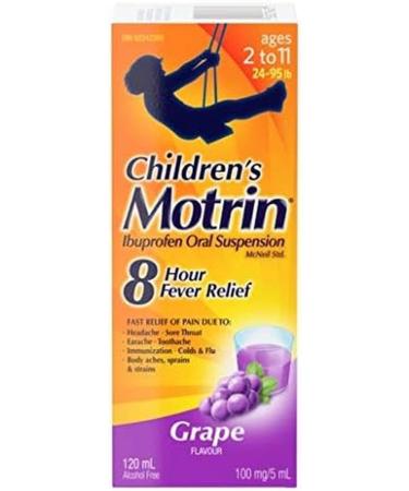 Motrin Children's Liquid Pain Relief Reduces Fever for up to 8 hours Ibuprofen Grape Flavour Dye Free 120ml
