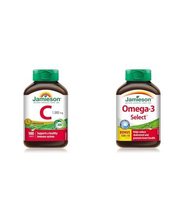 Jamieson Vitamin C 1 000 mg Timed Release Caplets 100 Count (Pack of 1) & Omega-3 Select 1 000 mg