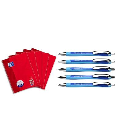 Oxford collegeblock A4 checkered with double edge 80 sheets red 5 pieces & Schneider 132503 slider Rave XB ballpoint pen (line thickness: XB documentary -right mine) 5 pieces writing color: blue bundle with ballpoint pen