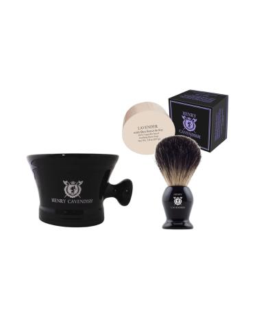 Henry Cavendish Lavender Shaving Kit with -Shaving Soap Long Lasting 3.8 oz Puck Refill plus Ceramic Shaving Soap Bowl plus Gentleman's 100% Pure Badger Hair Shaving Brush.