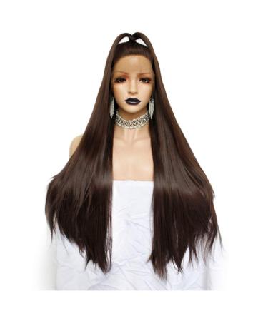 SHIYID High Temperature Fiber Hair Full Long Straight Dark Brown Synthetic Lace Front Wig For Women Costume
