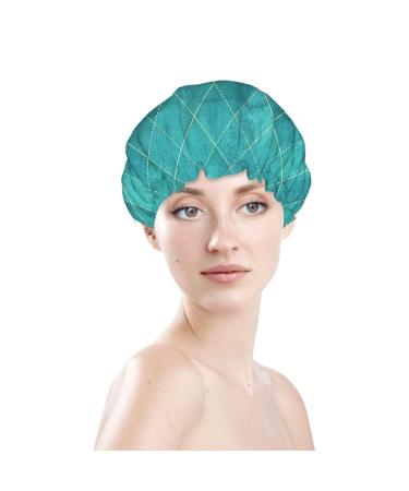 Moslion Argyle Reusable Shower Cap - Teal Turquoise Geometric Plaid Pattern - Large Bath Cap for Women with Long Hair - Buy Online on SooperMarket.com
