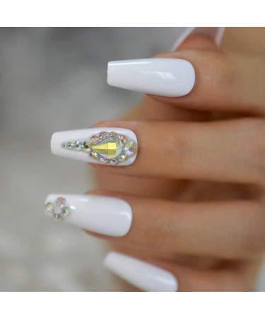 White 3D Shiny Holo Gems French Coffin Ballet False Nail Set | Coolnail Press-On Nails - 24pcs/set - Buy Online on SooperMarket.com