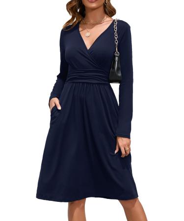 OUGES Women's Spring Casual Midi Dress Long Sleeve V-Neck Floral Ladies Wrap Dress with Pockets XXL Navy
