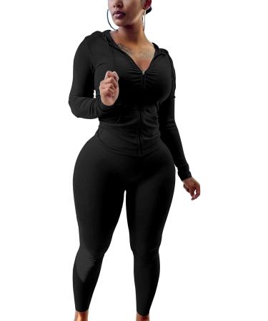 PINSV Women's Two Piece Workout Set - Bodycon Tracksuit with Zip Up Hoodie and Jogger Sweat Pants in Black - Size X-Large - Buy Online on SooperMarket.com