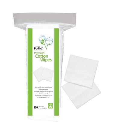 ForPro Premium Cotton Wipes 100% Cotton Extra-Soft for Cosmetic Nail and Personal Care 4 x 4 200-Count 4 x 4