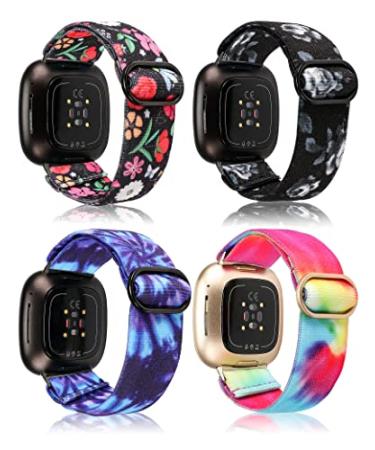 Moolia 4 Packs Elastic Nylon Bands Compatible with Fitbit Versa 4/Versa 3/Sense 2/Sense Adjustable Stretchy Fabric Sport Band for Fitbit Versa 4 Smart Watch for Women Men Bracelet Black Colorful Floral/Black-Grey Floral/Tie Dye Rainbow/Tie Dye Blue Purple