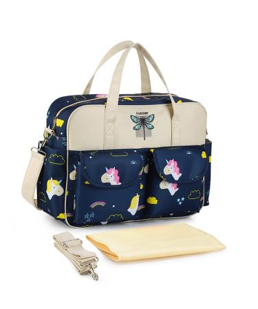 Kamay's Waterproof Mummy Shoulder Diaper Bag Chic Nappy Changing Bag Tote/Messenger Style Large Lightweight High-density Glossy Nylon Fabric with Changing Mat (DarkBlue Unicorn Rainbow) Dark Blue Unicorn Rainbow