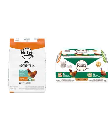 NUTRO WHOLESOME ESSENTIALS Indoor Adult Dry Cat Food Chicken & Brown Rice + NUTRO Perfect Portions Adult Wet Cat Food Grain Free Chicken & Turkey Pat Multipack