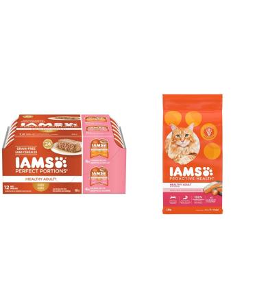 IAMS Perfect Portions Wet Cat Food (Chicken & Salmon) + IAMS Proactive Health Adult Dry Cat Food with Salmon Cat Food + Cat Food with Salmon Chicken and Salmon 75 g (Pack of 12)