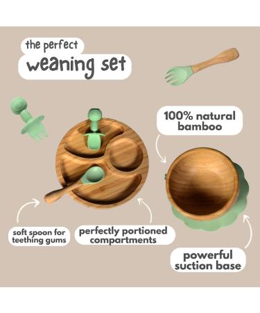 77 Star Bamboo Baby Weaning Set | Suction Bowl, Plate, Spoon & Fork | Non-Slip Baby Feeding Set with Strong Detachable Suction Base | Mist Color - Buy Online on SooperMarket.com