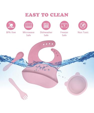 Vicloon Baby Weaning Set 4 Pcs | Silicone Feeding Set with Suction Plate, Bowl, Bib, Spoon & Fork | BPA Free | Toddlers & Kids Bowl Set | Pink Bear Sucker Bowl - Gift for Kids - Buy Online on SooperMarket.com