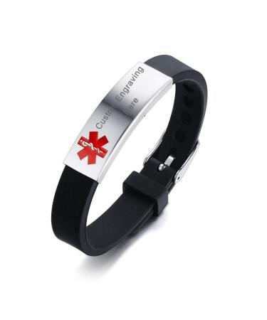 HEABY Medical Alert Bracelet Black Free Custom Engraving Personalized Gift Adjustable Wristband for Men Women Free Customize Black