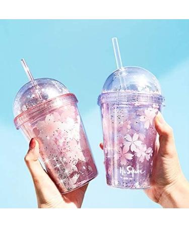 Cherry Blossoms Pink Floral Girl Cup with Straw - Reusable Travel Tumbler (290ml) | Ice Coffee Mug | Plastic Party Cup | Gift Idea - Buy Online on SooperMarket.com