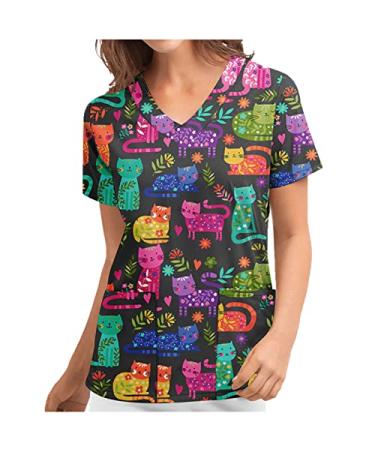 TUNUSKAT Womens Cute Scrub Tops Kawaii Cat Flower Print V Neck Tees Blouse Slim Short Sleeve Nurse Uniform With Pockets XX-Large 01*black