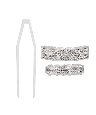 Iced Out Diamond Teeth Grillz Set for Men Women Plating Hip Hop Gold Grills for Your Teeth Teeth Jewelry and Accessories for Halloween Party Show Silver