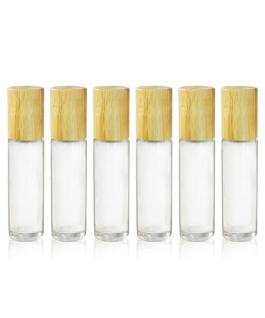 6 Count 10ml Bamboo Roll On Bottle For Essential Oils Clear Glass Bottle With Natural Bamboo Lid Portable Massage Stainless Steel Roller Ball Glass Vial Aromatherapy travel Perfumes Bottles
