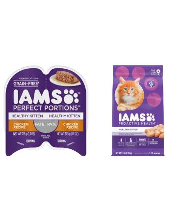 IAMS Perfect Portions Healthy Kitten Wet & Dry Cat Food Bundle Cat Food + Cat Food with Chicken Chicken - Kitten 75 g (Pack of 24)