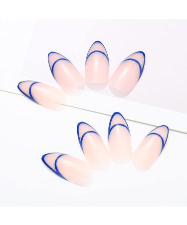 Glossy Almond Press on Nails Blue Line - 24Pcs Medium Oval Geometric French Tips for Women and Girls - Buy Online on SooperMarket.com