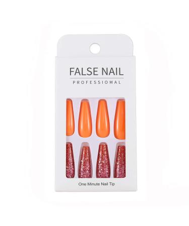 Brishow Long Coffin Fake Nails - Orange Acrylic Ballerina Stick-On Nails | 24PCs for Women & Girls - International Shipping - Buy Online on SooperMarket.com