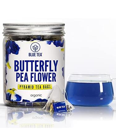 BLUE TEA - Butterfly Pea Flower - 30 Pyramid Tea Bags | NATURAL COLORING for FOOD, Iced Tea, Cooler, Cocktails , Mocktails | Clitoria Flower or Blue Pea Flower Herbal Tea - Tisane IN PET JAR