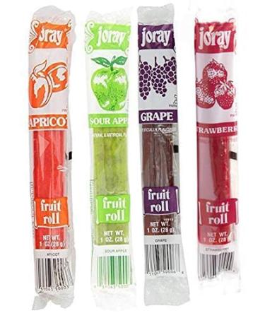 Joray Fruit Roll Variety Pack. Apricot, Strawberry, Sour Apple, Grape, 1 oz Fruit Leather (Total of 24 Fruit Rolls)