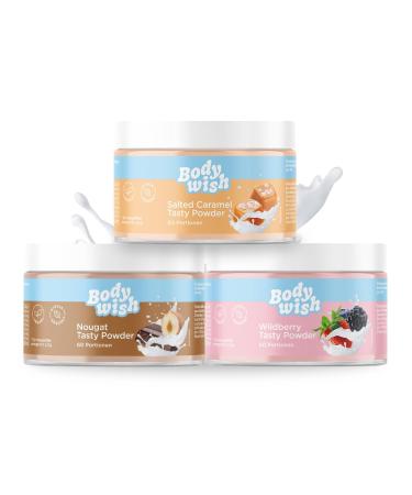 Bodywish - Mixed Tasty Powder - low -calorie taste powder |Natural taste - sugar substitute nutrition |Salted Caramel - Wildberry - Nougat |3 x 150gr - Mixed aroma mixed 3 x 150 gr (Salted Caramel - Wildberry - Nougat)