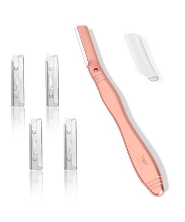 Dermaplane Razor Kit - Reusable Handle + 5 Refill Blades - Dermaplaning Tool Facial Hair Removal Eyebrow Shaping and Skin Exfoliating for Women (Rose Gold)