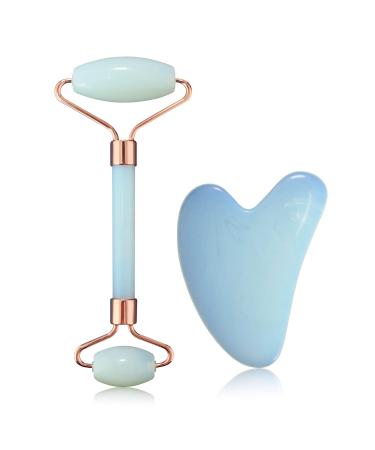 ZUKIMM Jade Facial Roller and Gua Sha Stone Set  Face Roller and Massager  Skincare and Sculpting Tools  Puffiness Reducer & Promote Beauty Skin Care Tool (Opal)