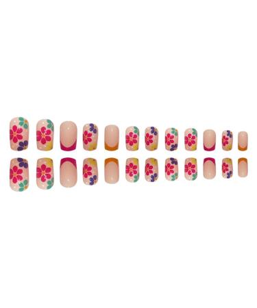 24 Pcs Medium Square French Fake Nails | Acrylic Colorful Flower Designs | Glossy Full Cover False Nails | Manicure Decorations for Women and Girls - Buy Online on SooperMarket.com