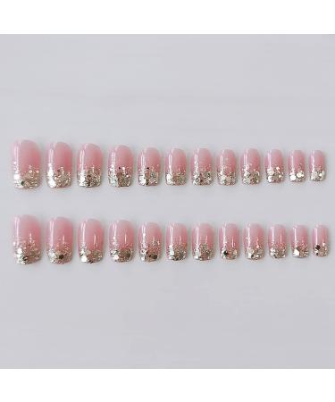 RikView Short Square Pink Press on Nails with Clear Acrylic & Sequins - Set of Fake Nails - Buy Online on SooperMarket.com