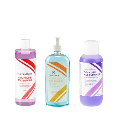 Cuccio Soak Off Trio Kit- 500ml Gel Remover 480ml Nail Prep & Wipe and 480ml Antibacterial Cleansing Spray Clear