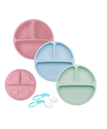 Baby Teller Silikon Rutschfester Baby Tischset f r Baby Kleinkind und Kinder Kinderteller mit Saugnapf Kinder Tischset Abwaschbar f r Sp lmaschine Mikrowelle (Light Green & Light Blue & Pink) Light Green & Light Blue & Pink Without Lids