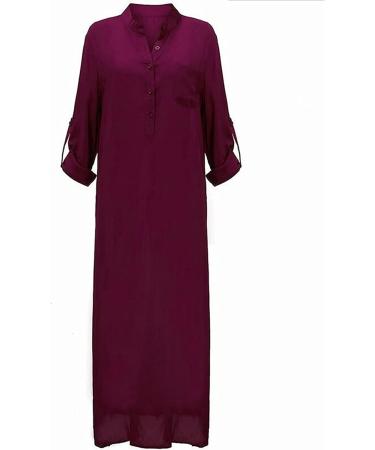 LCZIWO Women's Solid Wine Maxi Dress - Rolled-Up Long Sleeve, Slim Fit Button Up Casual Dress (XX-Large) - Buy Online on SooperMarket.com