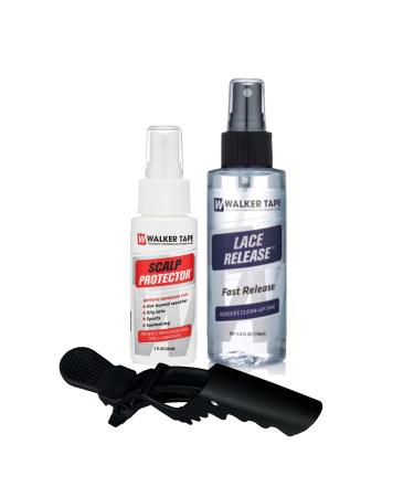 Walker Tape 2oz Scalp Protector Spray with 4oz Spray Lace Release and Hair Sectioning Clip Bundle Pack | Front Bonding Weave Active Lace Melting Spray | Bold Super Hold Adhesive Remover