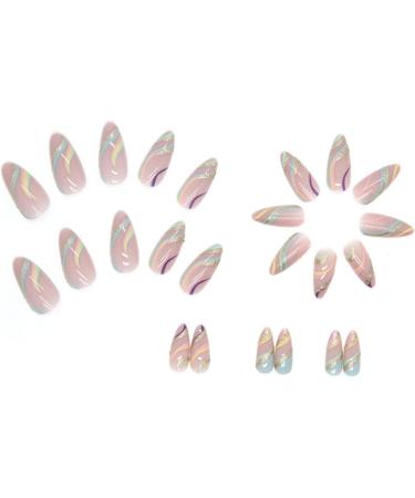 Rainbow Glitter Almond Short False Nails Set | 24 pcs French Press On | Multi Colour Fake Nails with Nail Glue | Pastel Oval Medium Stick On Nails for Women - Buy Online on SooperMarket.com