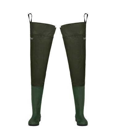 Hip Waders, Lightweight Waterproof Hip Boots for Men and Women, Nylon Fishing Hunting Bootfoot with Cleated Outsole, Size 10, Army Green M10/W12
