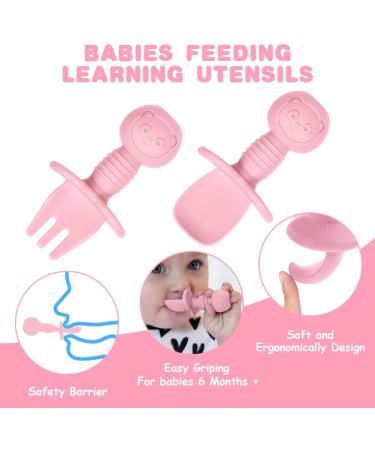 Vicloon Baby Fork and Spoon Set - Silicone Self Feeding Utensil for Infant, Easy Grip Toddler Cutlery Kit - Baby Weaning Spoon for Children - First Led Training - Light Blue-Pink (4pcs) - Buy Online on SooperMarket.com